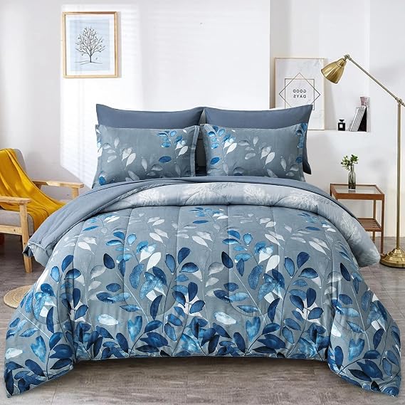 Anibedding 7 Piece Full Size Blue Comforter Set Botanical Leaves Gradient | Bed in a Bag, Ultra Soft Microfiber, Down Alternative, Lightweight Reversible, 78" x 90"