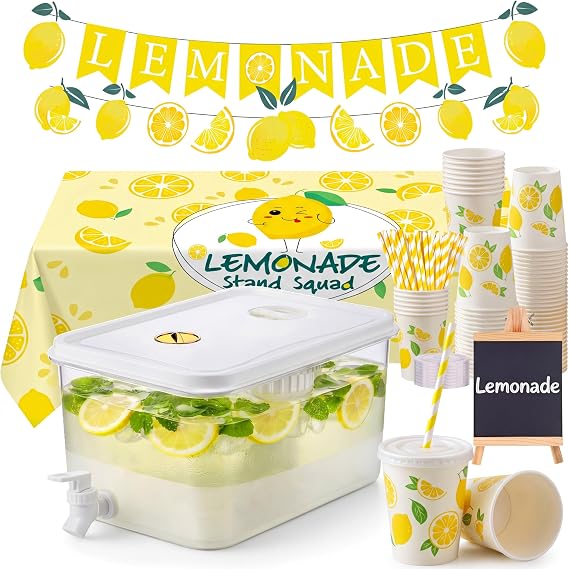 Bokon 103 Pcs Lemonade Stand Supplies Include 1.3 Gallon Drink Dispenser Table Cover 100 Pcs 9 oz Paper Cups with Lids and Paper Straws and Wooden Blackboard for Lemonade Stand Decorations