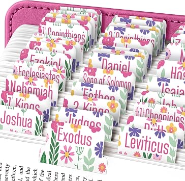 Spring Pink Floral Bible Tabs for Women Laminated Large Print Flower Bible Index Tabs, 80 Old & New Testament Scripture Tabs with Easy-Apply Guide, Cute Durable Book Tabs for Bible Study