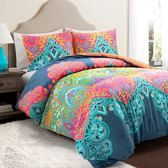 Lush Decor Boho Chic Reversible Cotton Duvet Cover King Size 3 Piece Set Turquoise & Navy - Colorful Bedding Set King Duvet Cover - Boho Bedroom Decor