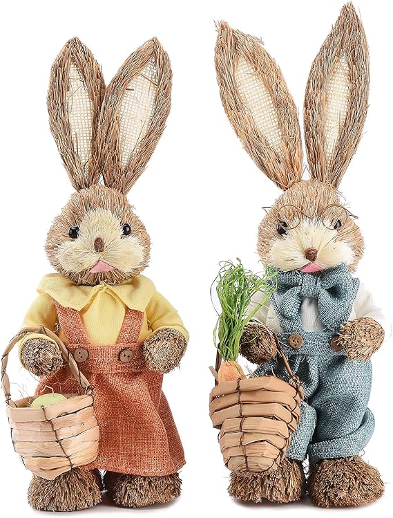 Fofetbfo Easter Straw Bunny Figurines Rabbit, 2Pcs Standing Straw Bunny Ornament, Bunny Figurines Standing Bunny Figurine for Tabletop Easter Party Home Decor(#1)