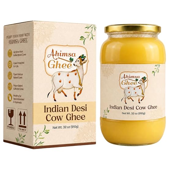 Ecomytra Ahimsa A2 Cultured Ghee - Grass Fed Clarified Butter 32oz | Indian Desi Cow ghee, yogurt-cultured in small batches. Lactose-free, keto & paleo. Rich aroma, high-heat cooking
