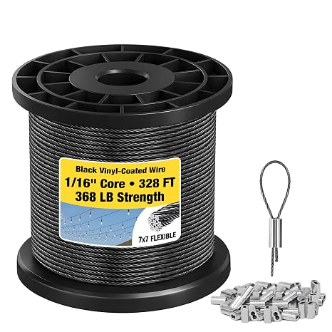 1/16 Wire Rope 328FT 304 Stainless Steel Cable, 7x7 Flexible 368lbs Breaking Strength, Black Vinyl Coated with 150 Crimp Sleeves for String Lights, Garden Trellis, DIY Projects, Picture Hanging