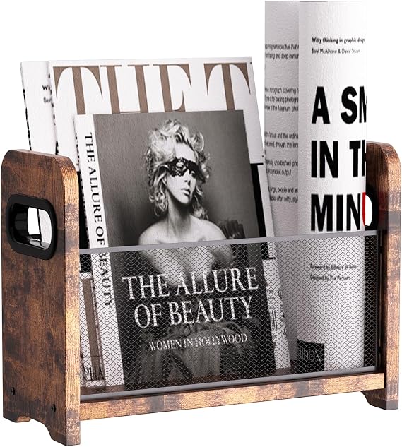 Retro Style Wooden Magazine Holder and Stand Brown Mesh Storage Basket for Books, Newspapers, Files - Desk/Floor Organiser
