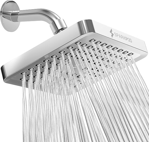 SparkPod Rain Shower Head, 6 Inch Square, Luxury Polished Chrome Finish