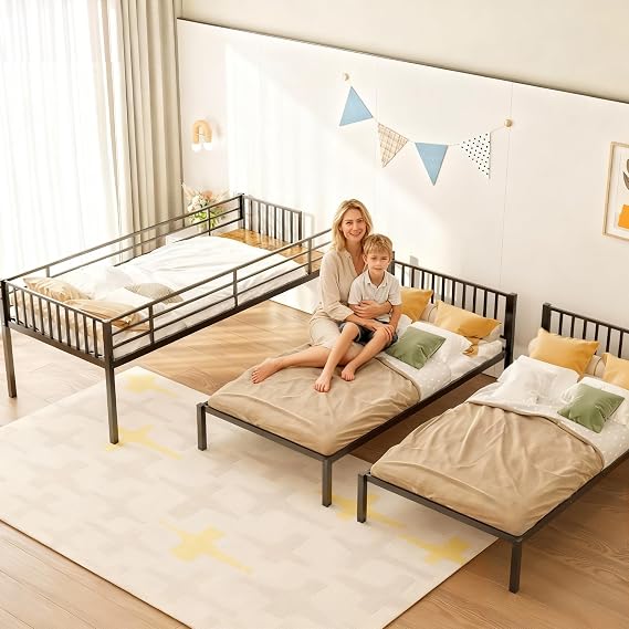 KEIKI Heavy Duty Triple Bunk Bed with Safety Guardrail and Ladder, Separates Into 3 Twin Beds, White