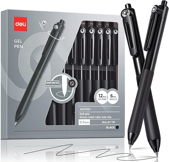 deli Gel Pens, 12 Pack 0.7mm Medium Point Black Pens with 6 Extra Refills | Quick Dry Smooth Writing Ink Pens, Silent Click No Smudge Fidget Pen with Soft Grip for Journaling, School, Office Supplies