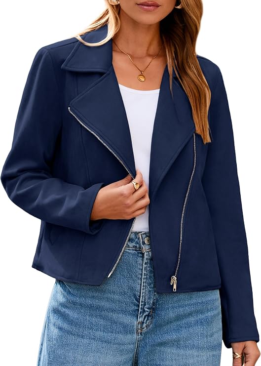 Glamaker Womens Faux Suede Jackets Long Sleeve Casual Cropped Zipper Biker Moto Jacket Fall Winter Outfits