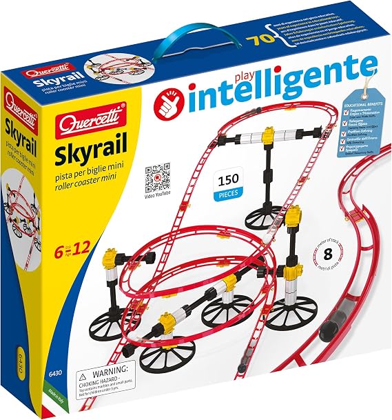 Quercetti mini rail Set -150pc, 8 meters, Kids ages 6-12, Building Blocks for Marbles Game Maze Tracks , Red Skyrail Roller Coaster