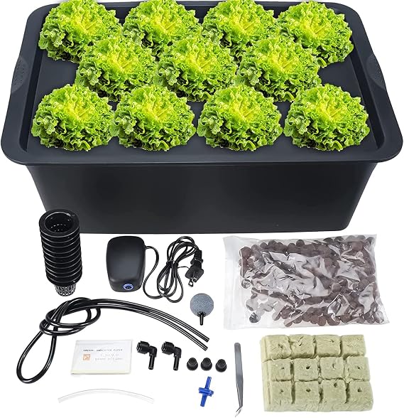 HighFree Deep Hydroponic Cultivation System Cultivation Kit Large - Indoor Lettuce Cultivation System - Starter Hydro Kit with Air Pump for Green/Lettuce/Herbs/Mint/Parsley, Black 11 Plant Sites