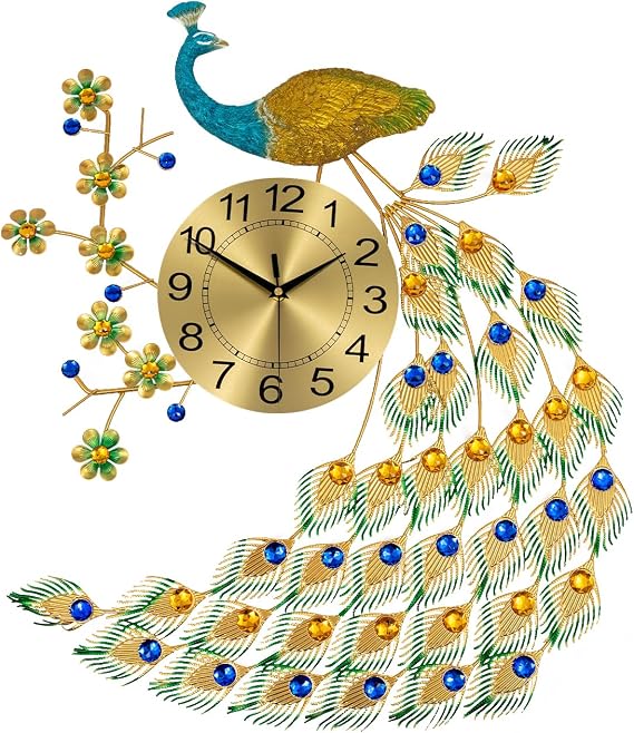 Peacock Wall Clock, Modern Metal Wall Clock Quartz Movement 8.27 inch Diameter Dial Digital Wall Clock Creative Wall Clock for Living Room, Office, Showroom, Battery Not Included