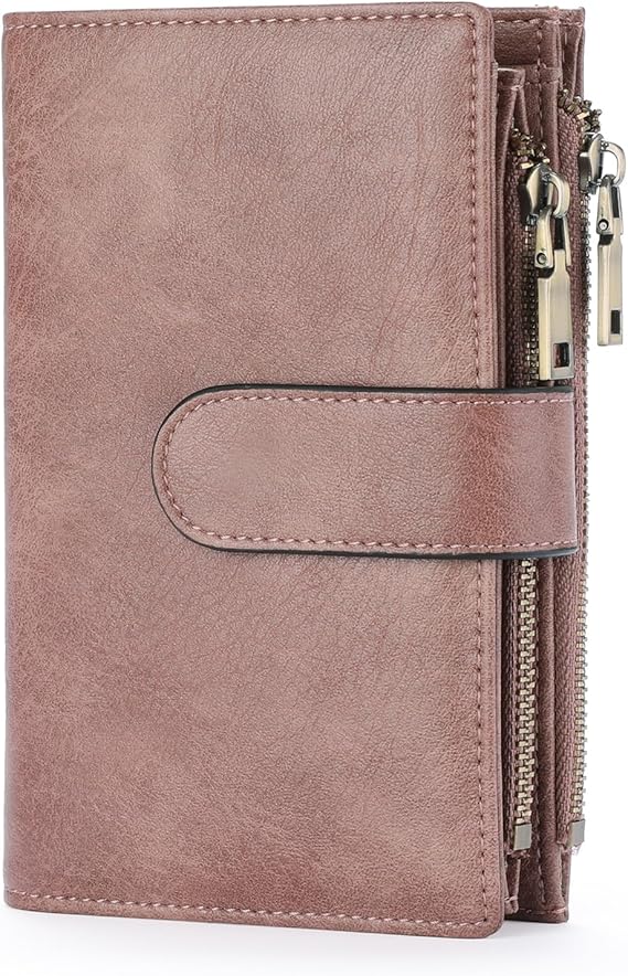 GOIACII Leather Purses for Women, Bifold Compact Womens Wallet with RFID Blocking, Medium Ladies Purse Credit Card Wallet with 16 Card Slots and Zip Coin Pocket