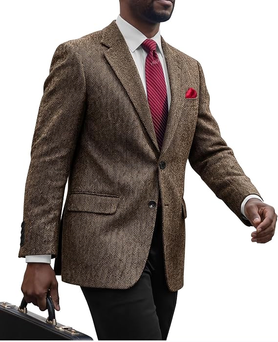 HUUTOE Tweed Blazer Men Vintage Casual Herringbone Tweed Suit Jackets Two Button Notch Lapel Wool Blend Sports Coat