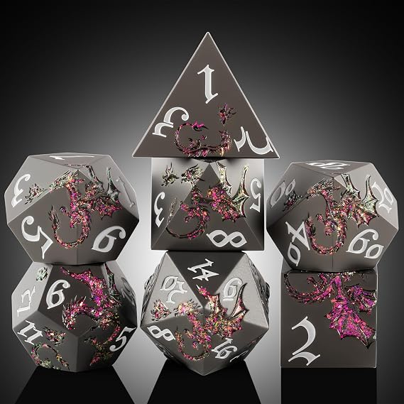 DNDND DND Dice, 7 PCS Metallic D&D Dice Set with Random Color Gift Case for Dungeons & Dragons, Tabletop Games (Glitter Purple with Black)