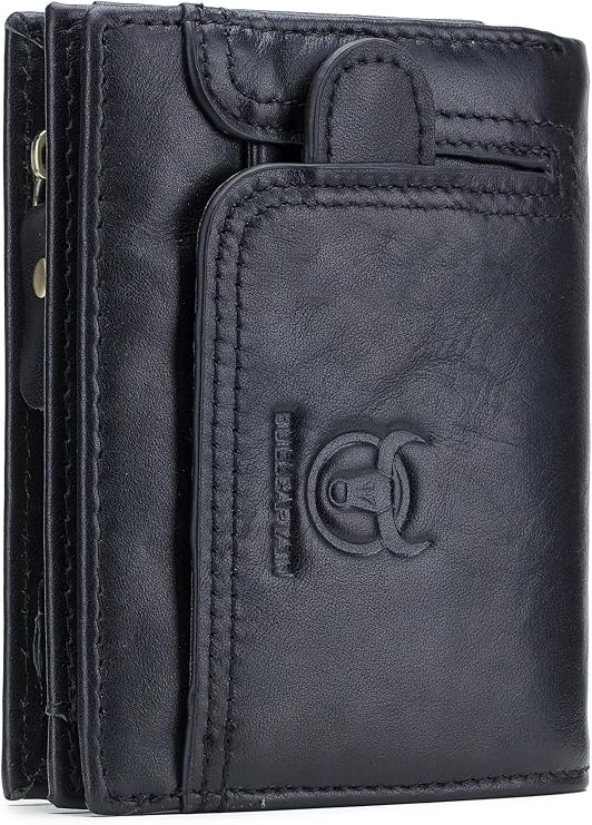 BULLCAPTAIN Men RFID Blocking Bifold Wallet Genuine Leather Card Holder Zipper Coin Purse (Black with zipper)