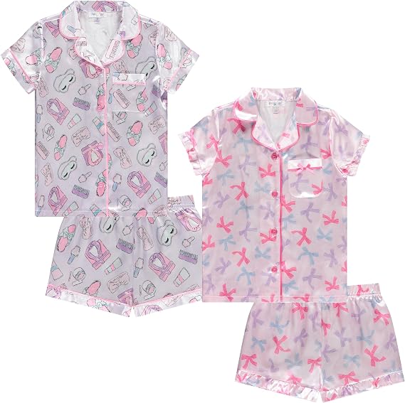 BTween Girls Satin Pajama Set 4 Pack, Short Sleeve Button-Down Sleepwear for Kids, Soft and Breathable Nightwear