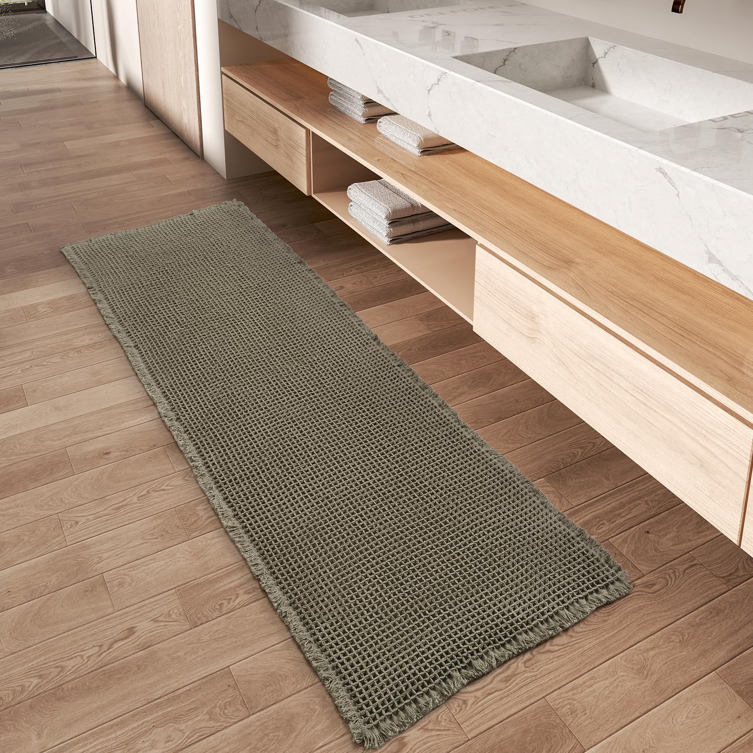 Upgraded Waffle Runner Rug Super Absorbent Non-Slip Bath Mat for Bathroom Floor Machine Washable Bathroom Runner Rug with Tassel Perfect for Hallway Bedroom Laundry Room Green 2ft x 5ft 24" x 60"