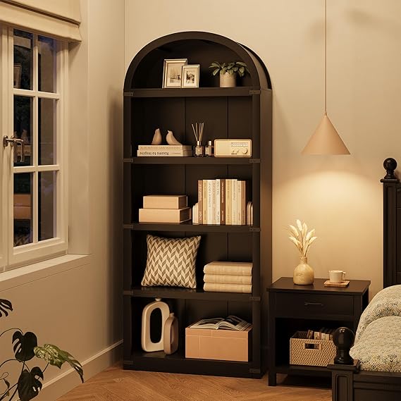 Farmhouse Arched Bookcase Cabinet – 71.65in Tall Wooden Bookshelf - 5-Tier Wooden Freestanding Open Display & Storage for Living Room, Bedroom, Home Office – Black