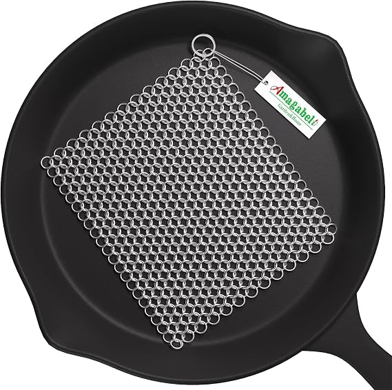 Amagabeli 10 x 10 316 Stainless Steel Cast Iron Cleaner Chainmail Scrubber for Cast Iron Pan Skillet Cleaner for Dishes Glass Pre-Seasoned Cast Iron Pot Seasoning Protection Cookware Accessories