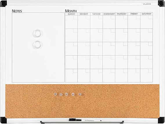 VUSIGN Monthly Calendar Whiteboard Dry Erase Cork Board Combo | 18" x 24" Planning Board, Silver Aluminium Frame