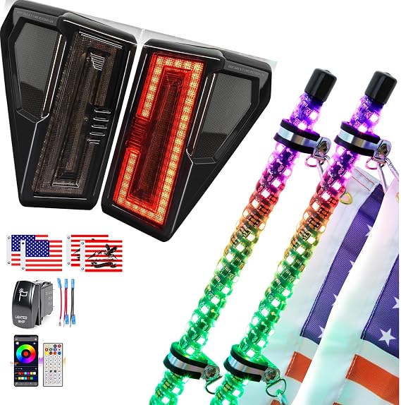 UNI-SHINE 2 Pack UTV Smoke Tail Lights+ 2PCS 4FT LED Whip Lights