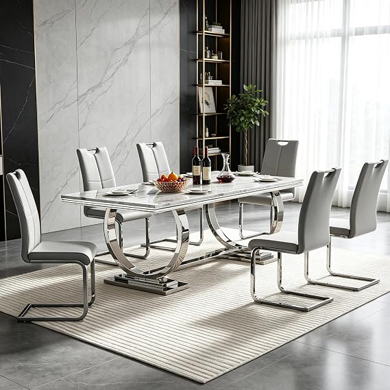 HomVent 68.11" Faux Marble Dining Table Chair Set for 6 with U Shape Base