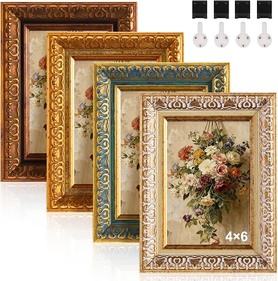 4 Pack 4 x 6 Ornate Vintage Picture Frame Sets, Mixed Colors