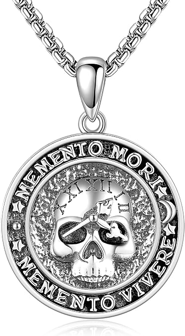 Memento Mori Necklace 925 Sterling Silver Memento Mori Pendant Skull Clock Jewelry Gifts for Men