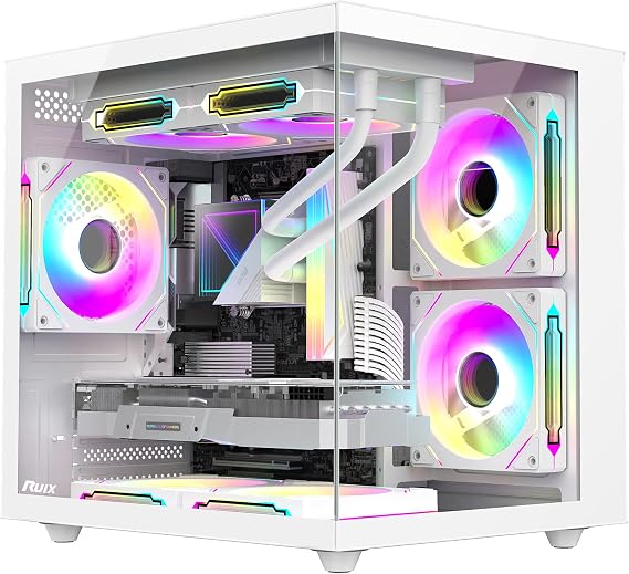 RUIX OV502 M-ATX Mini-Tower PC Case, Pre-Installed 3 x 120mm Prism ARGB PWM Fans, 180 Panoramic Tempered Glass Panel, USB 3.0 Ports, Compact High-Airflow Gaming Computer Case - White