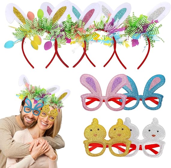 8Pcs Easter Bunny Ears Headband & Eyewear Set, Rabbit Ear Headbands & Themed Costume Glasses Frames for Easter Egg Hunt, Party Favor Supplies, Fancy Dress Up Hair Accessories for Women