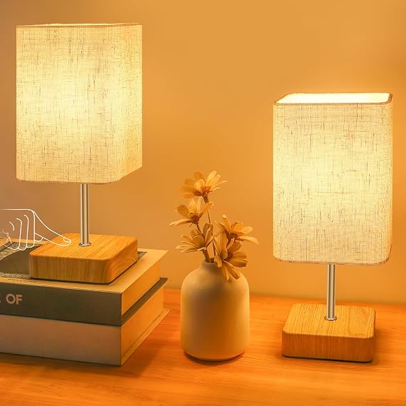 Jayencer Touch Control Table Lamp, Dimmable Nightstand Lamp, Bedside Touch Lamp with Wood-Grain Base ＆ Beige Fabric Shade for Bedroom, Living Room, Children's Room, Bulb Included, 2Pack [Energy Class F]