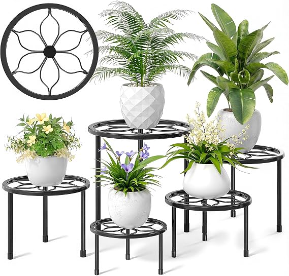 VECELO Metal Plant Stands Set of 5, Multiple Heavy Duty Flower Pot Stand, Round Plant Holder, Black