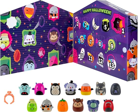Squish-a-longs Halloween Countdown Calendar – Includes 13 Mini-Squish (Wave 3) - Squishmallows Halloween Squish calendar - Glow in the Dark - Spooky Figures