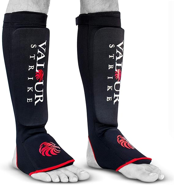 Valour Strike Shin Guards for Kickboxing Muay Thai MMA Karate Martial Arts Taekwondo or Kick Boxing | Sparring Sock Pads to Guard Leg Foot & Instep | Protective Equipment for Safe Support in Training