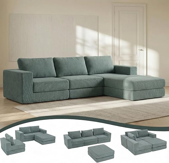 Boneless L-Shaped Sofa, Corner Sofa, Modular Sectional Floor Cloud Sofa with 3 Pillows, Lounge Convertible Sofa Bed for Living Room, No Assembly