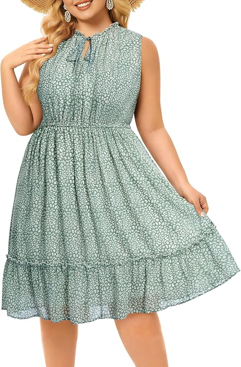 Pinup Fashion Plus Size Summer Tie Crewneck Short Dresses Sleeveless Boho Casual Chiffon Ruffle Flowy Sundress