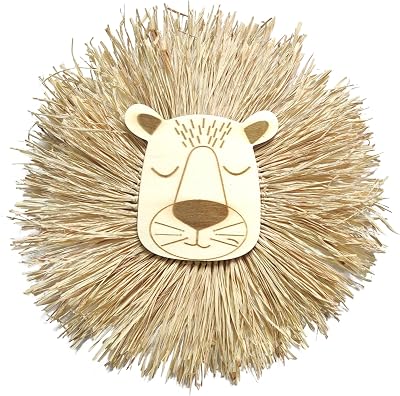 Lmbabter Boho Raffia Wall Decor Woven Straw Grass Round Wall Art with Animal Wall Hanging Flat Basket for Home Decor Lion