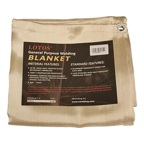 Lotos Technology WB014x6 Lotos 4' x 6' Fiberglass Heat Treated Gold Welding Blanket with Grommets Resists 1000F