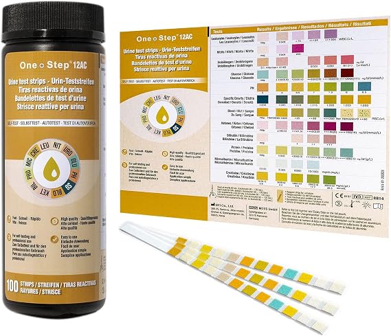 12 Parameter Urine Test Strips Creatinine, Microalbuim, UTI Infection, Ketone, Blood, Glucose Testing Sticks (100 Tests 1 Tub)