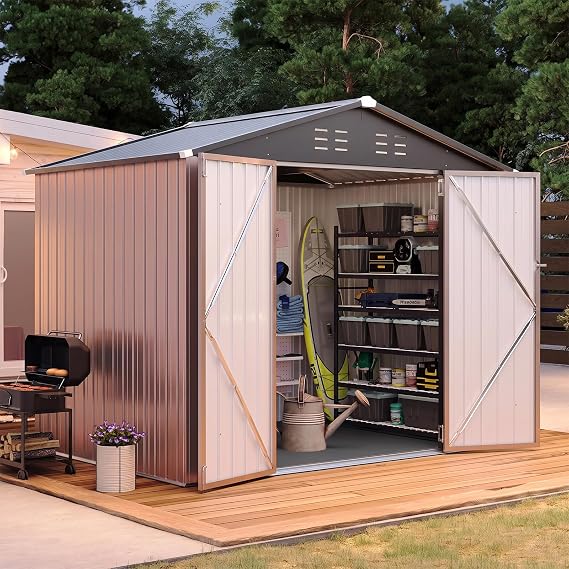 Aoxun 8'x6' Shed with Floor Galvanized Steel Outdoor Storage Shed Brown
