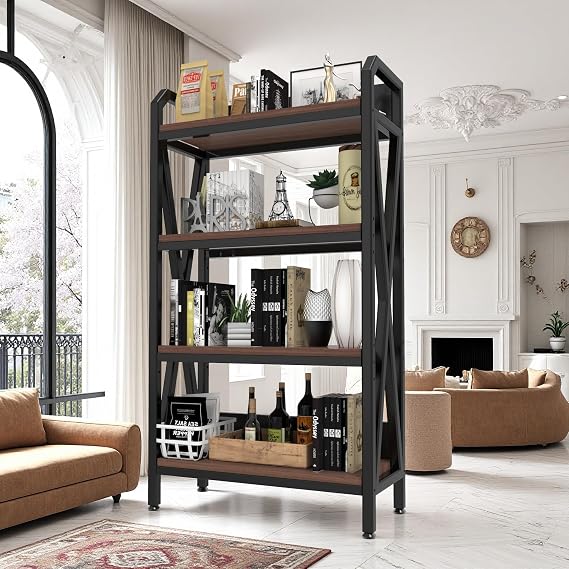 56" Tall Kitchen Metal Bakers Rack, 4-Level Bakers Rack with Storage Wooden Shelves- Space Saving Design for Kitchen, Pantry, Garage, Easy Assembly,33.50'' Length (Black+Brown)