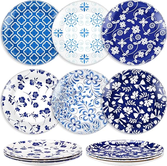 12 Pcs Round Platters Reusable 8 Inch Serving Dishes for Kitchen Thickened Heavy Duty Plastic Serving Platter for Luncheon Salad Dessert Sushi Appetizer(Elegant,Blue)