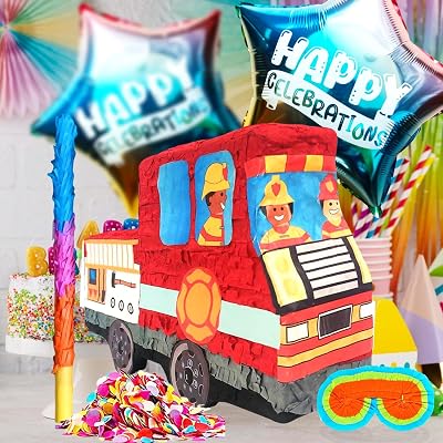 Fire Truck Pinatas Bundle Complete Set with Blindfold, Bat,Confetti and 2 Ballons, Ideal for Boy Birthday Party Decorations & Firefighter Themed Party Favors, Fire Engine Pinatas