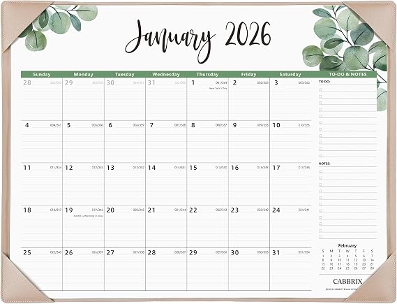 Large Desk Calendar 2026 with Desktop Mat, Cabbrix Desk Pad Calendar 22 x 17 Inch Covering January 2026 to June 2027 for Home Office and School, Leaf