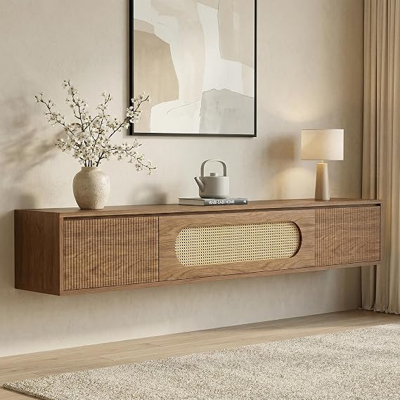 LITTLE TREE 71'' Floating TV Stand Wall Mounted, Large Floating TV Stand, Fluted Floating Shelf for Under TV, Modern Media Console with Drawers & Flip-Down Cabinet Doors for Living Room, Bedroom