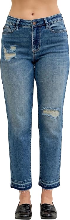 Judy Blue Women's Mid-Rise Boyfriend Fit Patch & Repair Destroy Release Hem Jeans