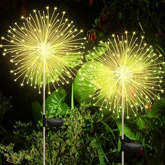 CNMTCCO Solar Lights Outdoor Garden 2 Pack, 120 LED Firework Starburst Stake Lights, Upgraded Waterproof Solar Garden Lights with 8 Modes, Warm White Decorative Pathway Lighting for Patio and Parties [Energy Class A]
