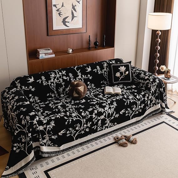 HANDONTIME Couch Cover for Dogs Washable Bird Floral Pattern Slipcovers for Couches and Sofas Black Sofa Covers with White Jacquard Flower Chenille Couch Cover Blanket Pet Friendly, 71" X 118"