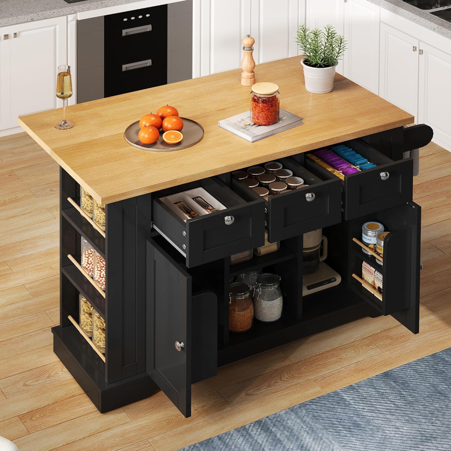 Kitchen Island on Wheels, Integrated Socket and Charging Station, Kitchen Storage Unit with Drawer, Spice Rack, Towel Holder, Foldable Countertop, Suitable for Dining Room&Living Room, Black
