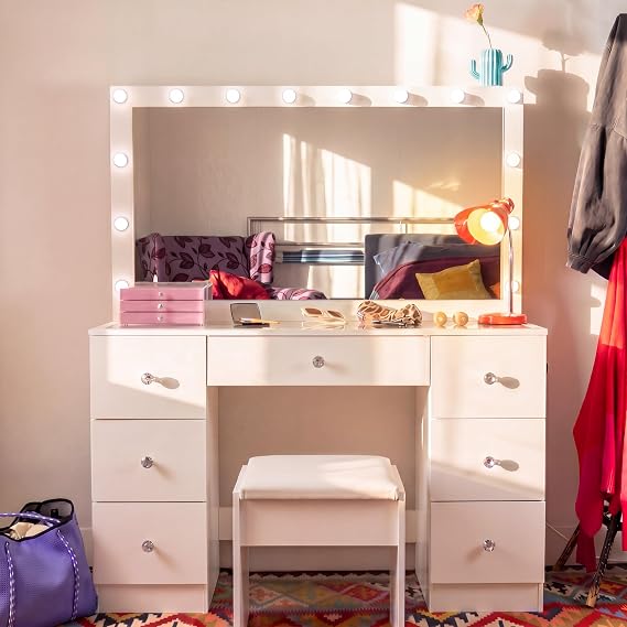 Boahaus Cleo Vanity Desk with Framed Bulb Lighted Mirror 7 Drawer Integrated Makeup Station with Stool